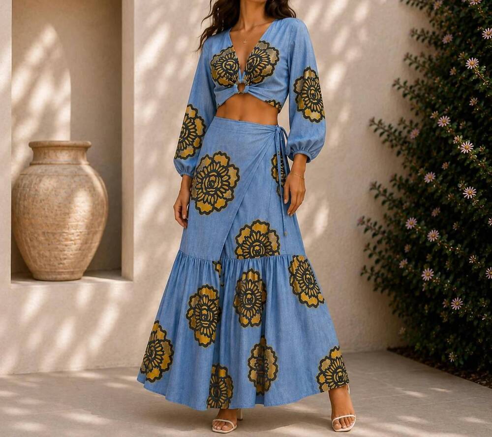 NEW MYSTERY RESORT azure bloom long sleeve maxi skirt set in denim